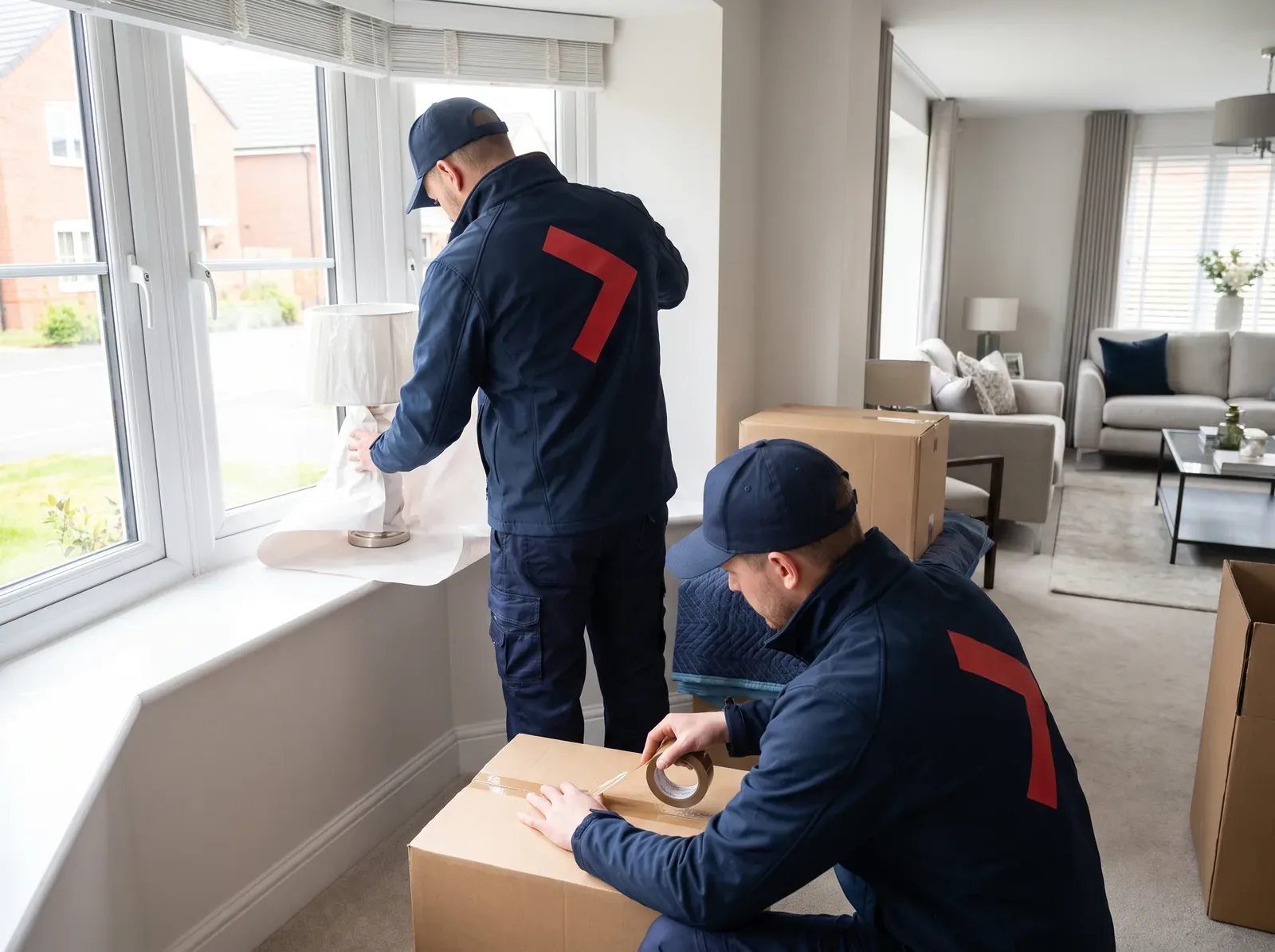 A crew packing and wrapping on moving day