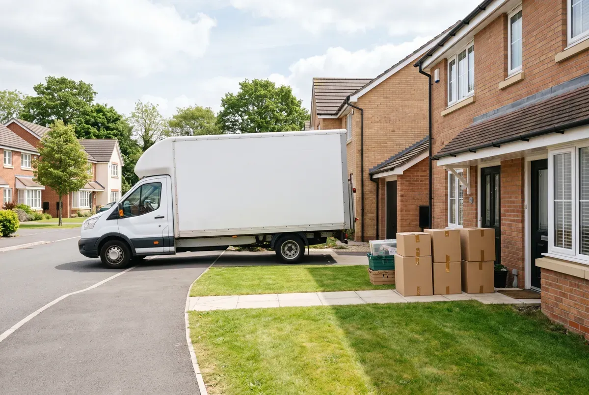 An ordinary UK three-bed house on moving day with boxes by the door