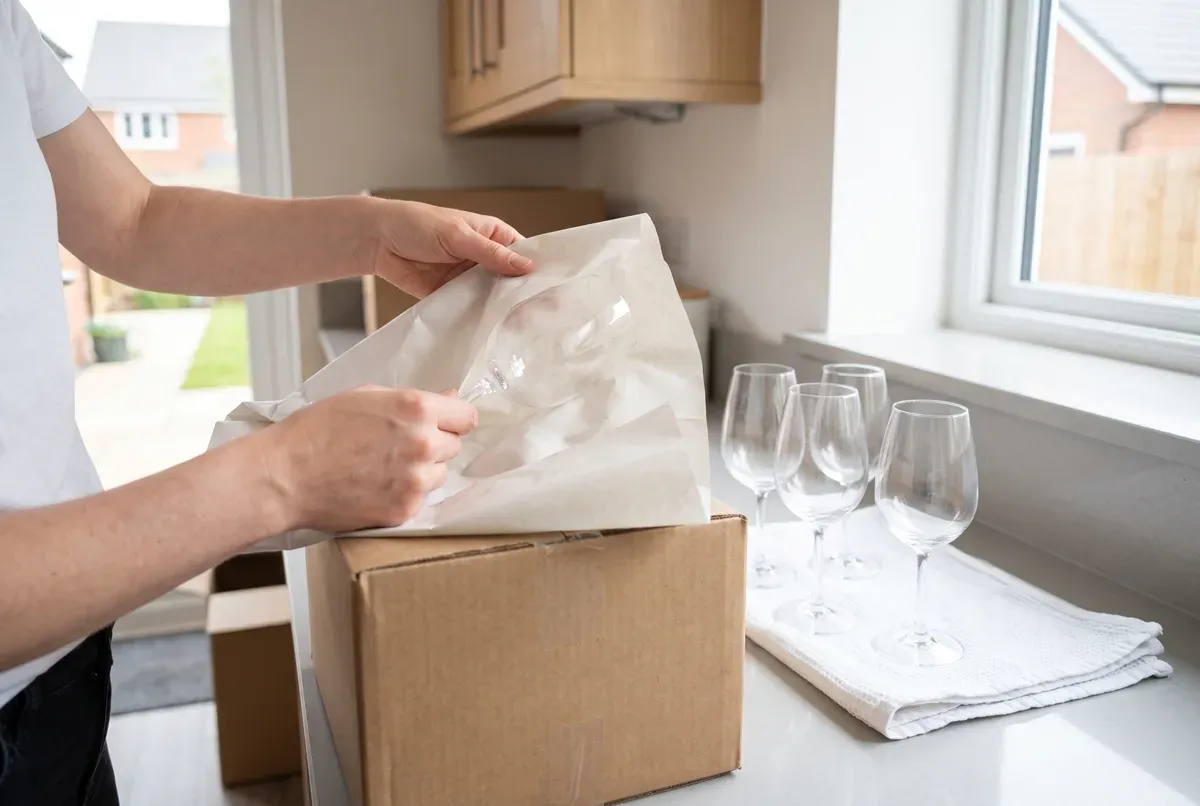 Hands wrapping kitchen glassware in packing paper into a box