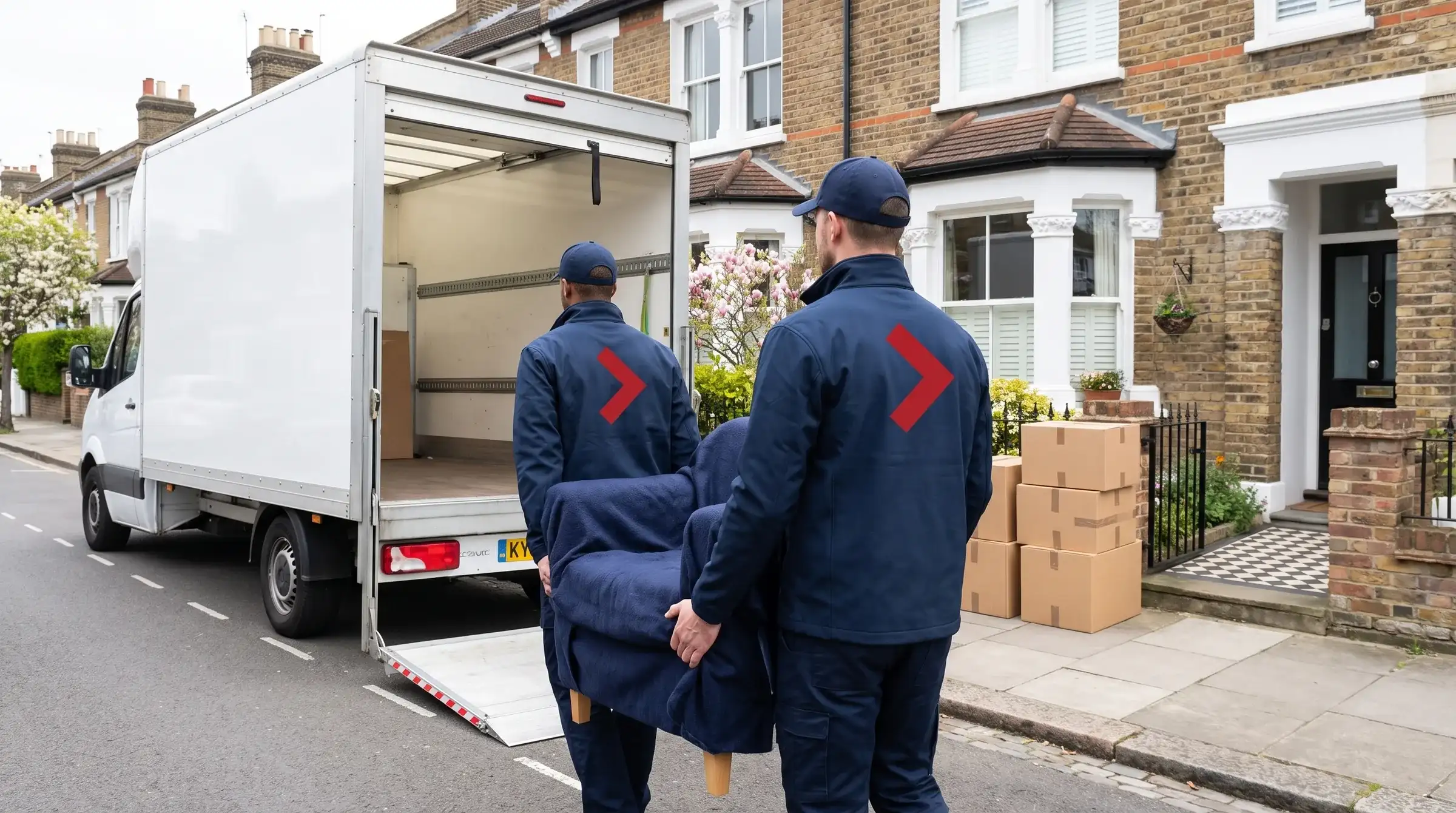 A moving crew loading a van outside a terraced house on moving day