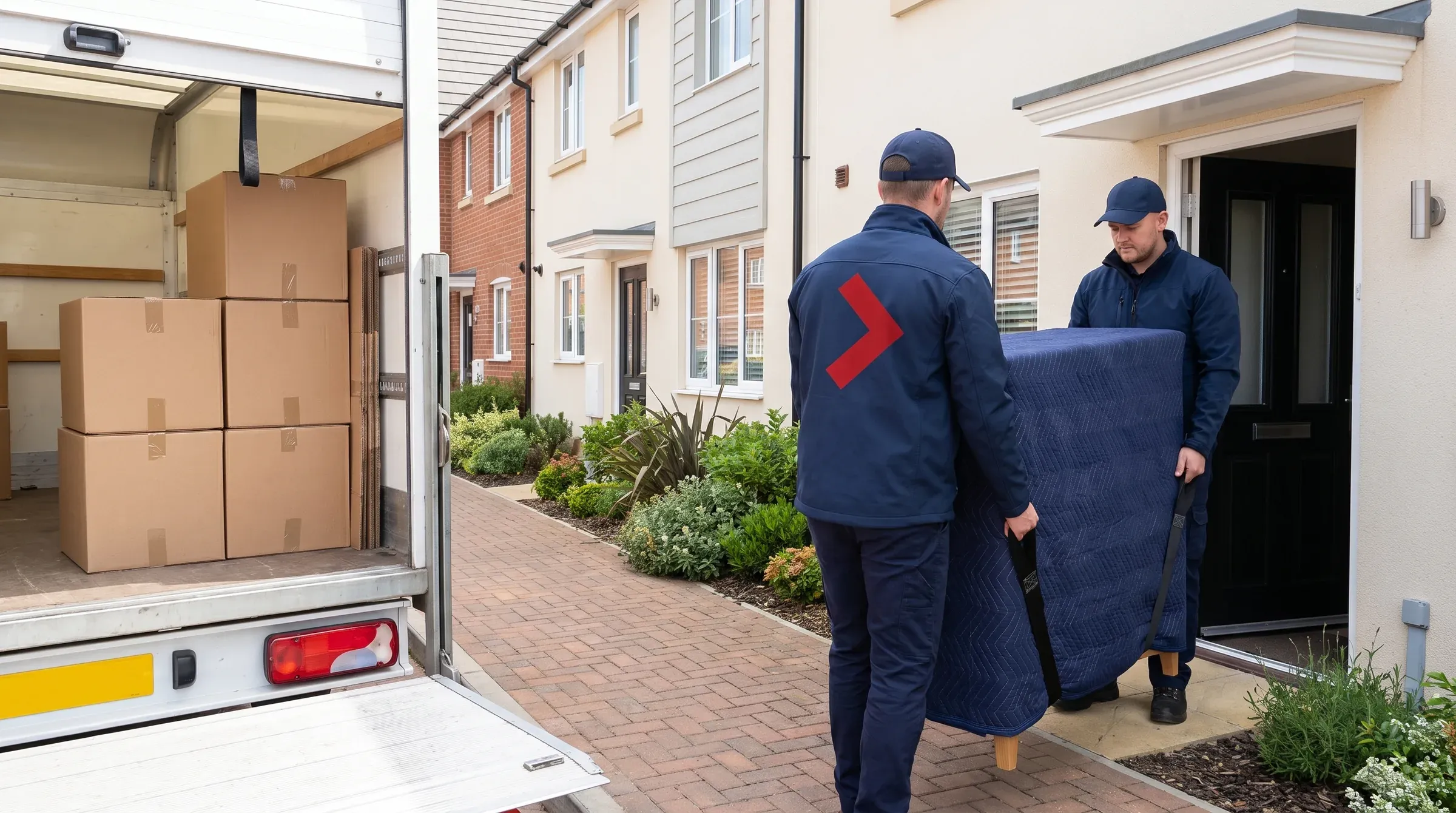 Movers carrying wrapped furniture from a house to a removals van