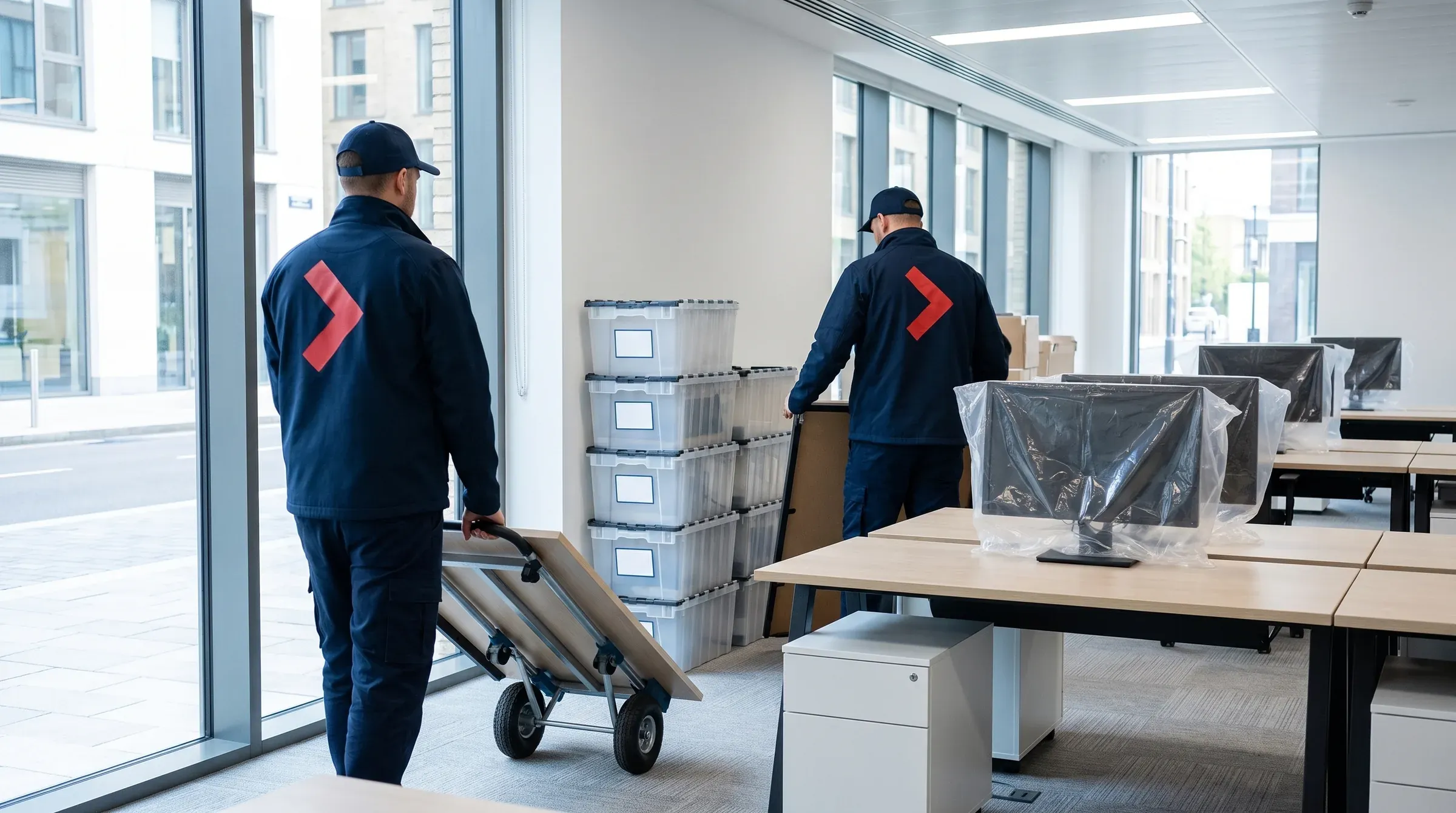 An office move with desks and packed crates