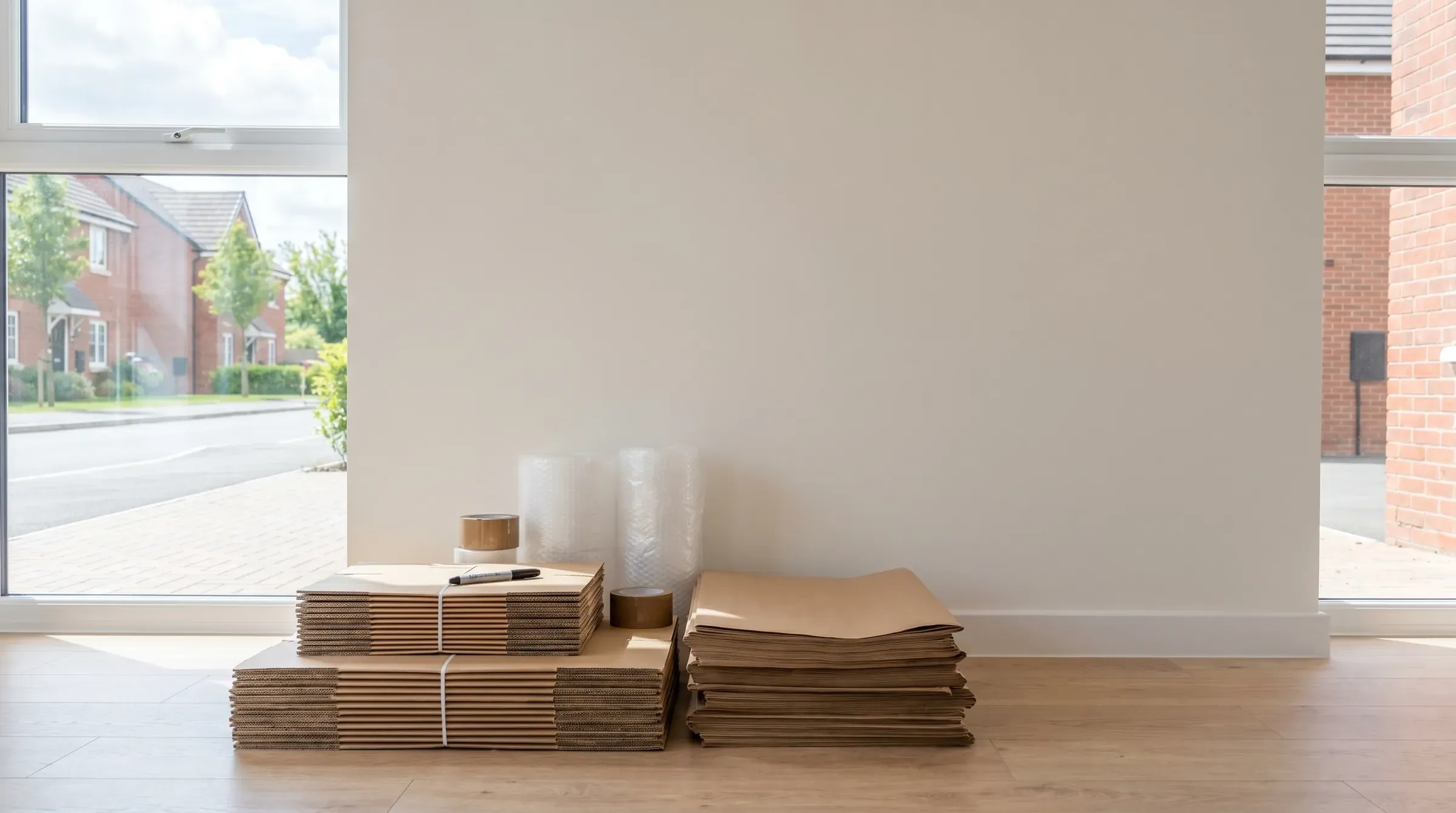 Flat-packed boxes and packing materials