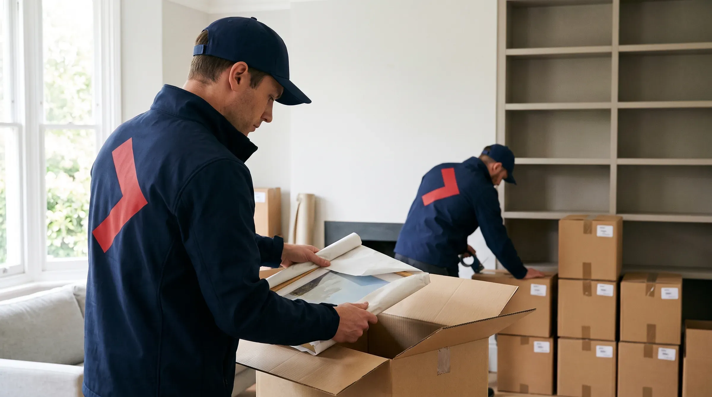 A home being packed into labelled moving boxes