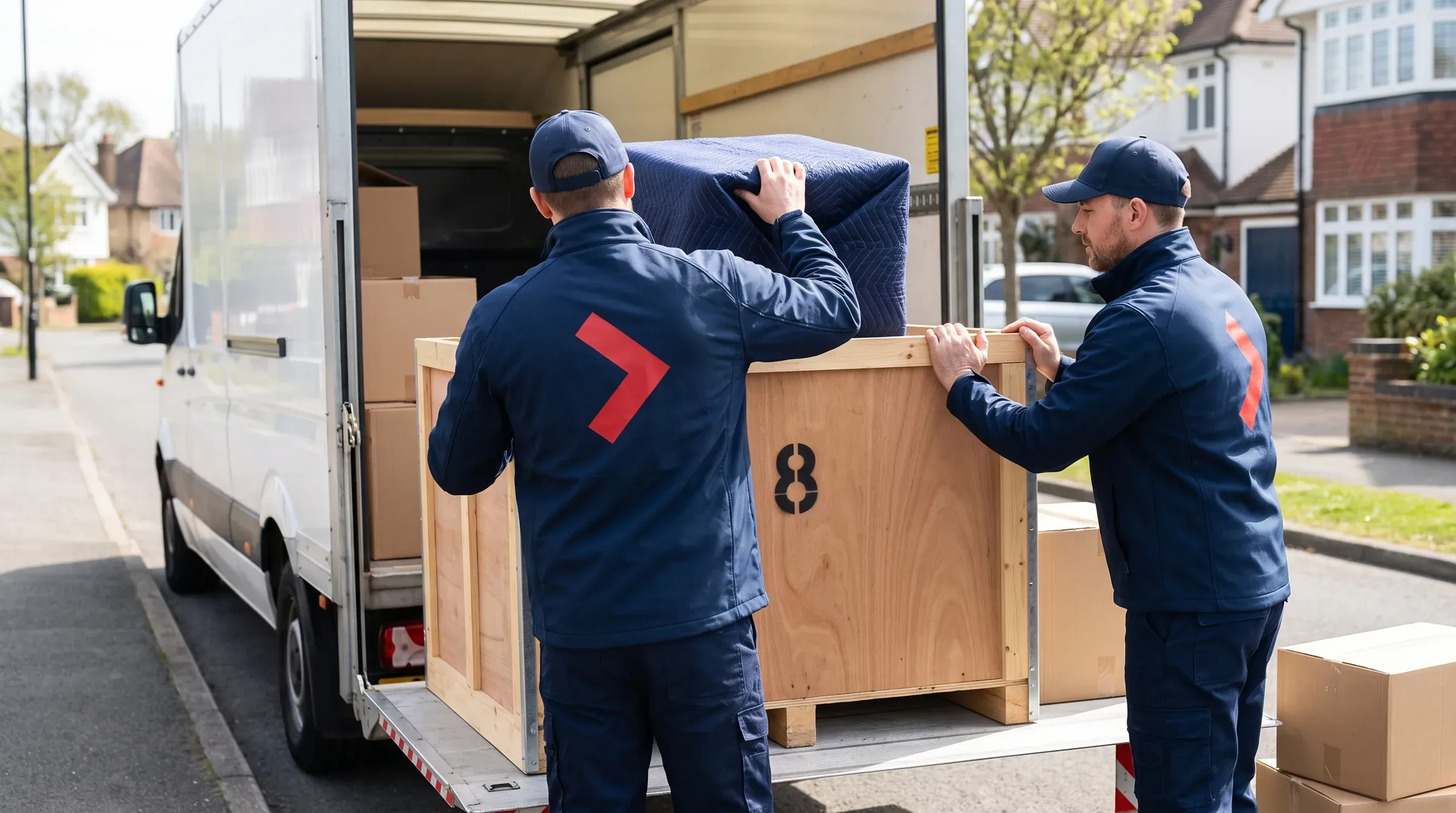 A wooden storage container being loaded with wrapped furniture