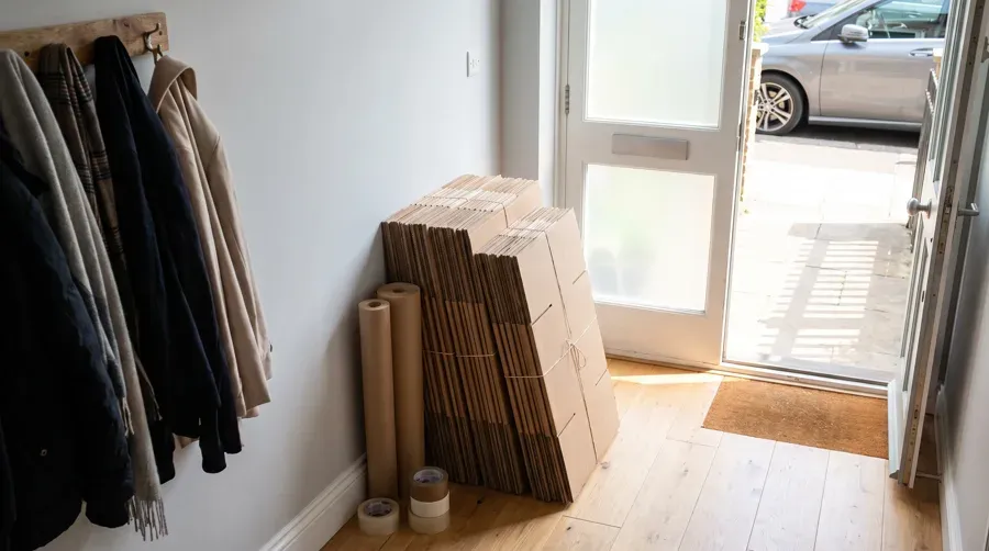 Moving boxes and materials delivered in a hallway