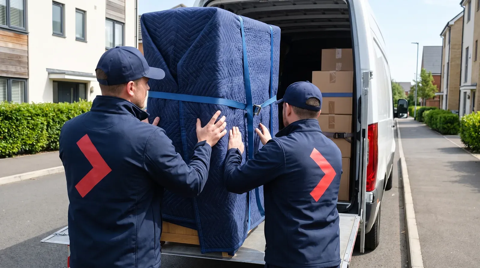 Movers loading furniture into a van on moving day