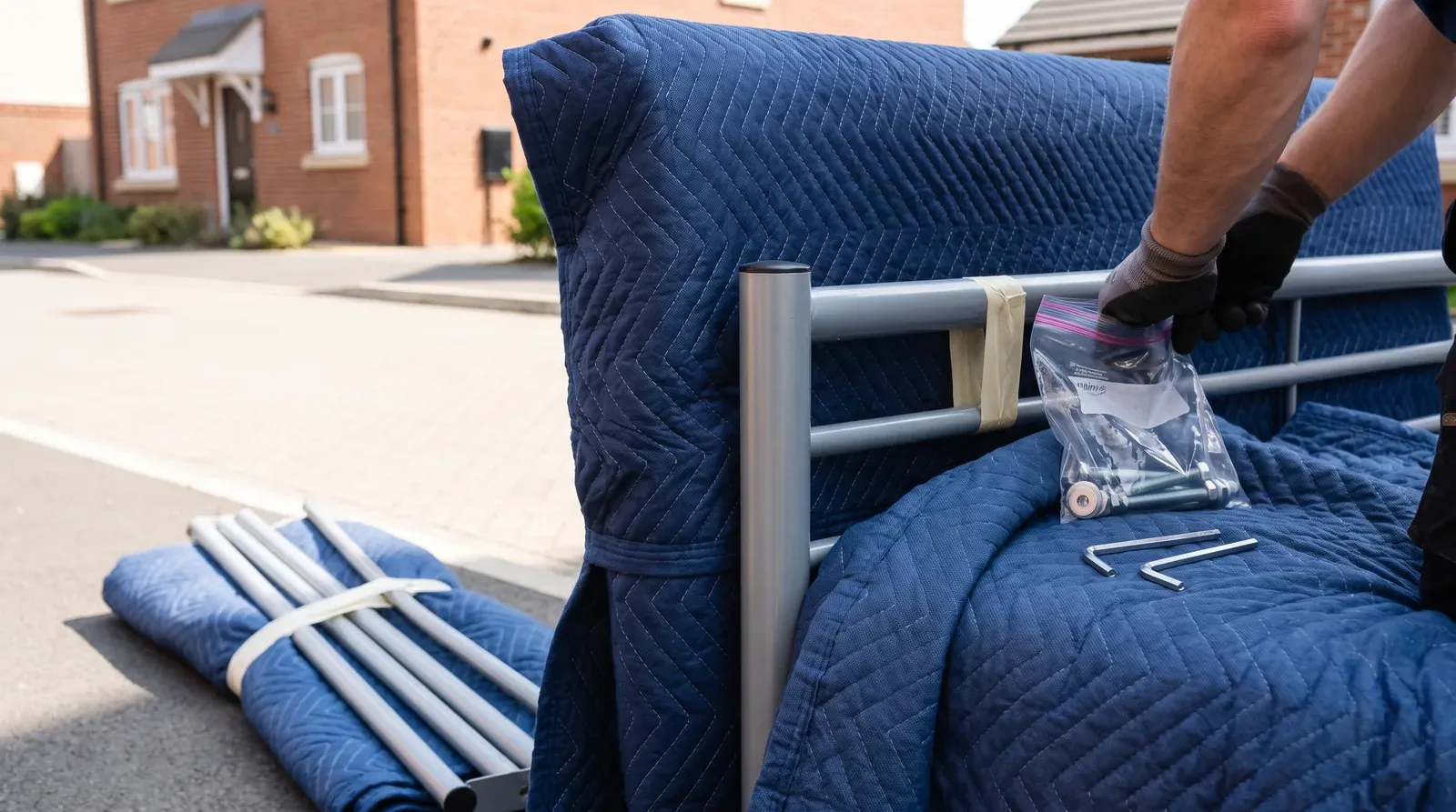 A dismantled bed wrapped, with fixings bagged