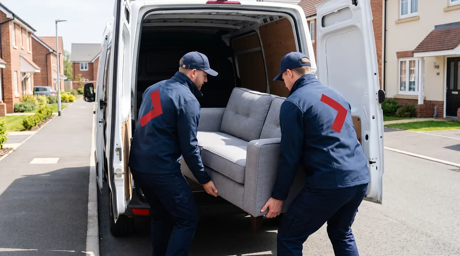 Movers loading a sofa into a van