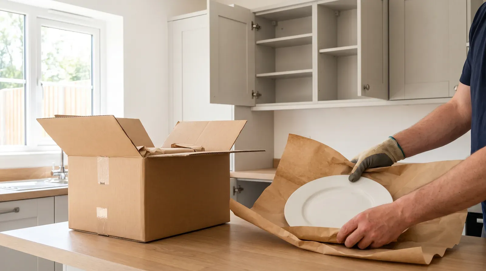A kitchen being packed into labelled boxes