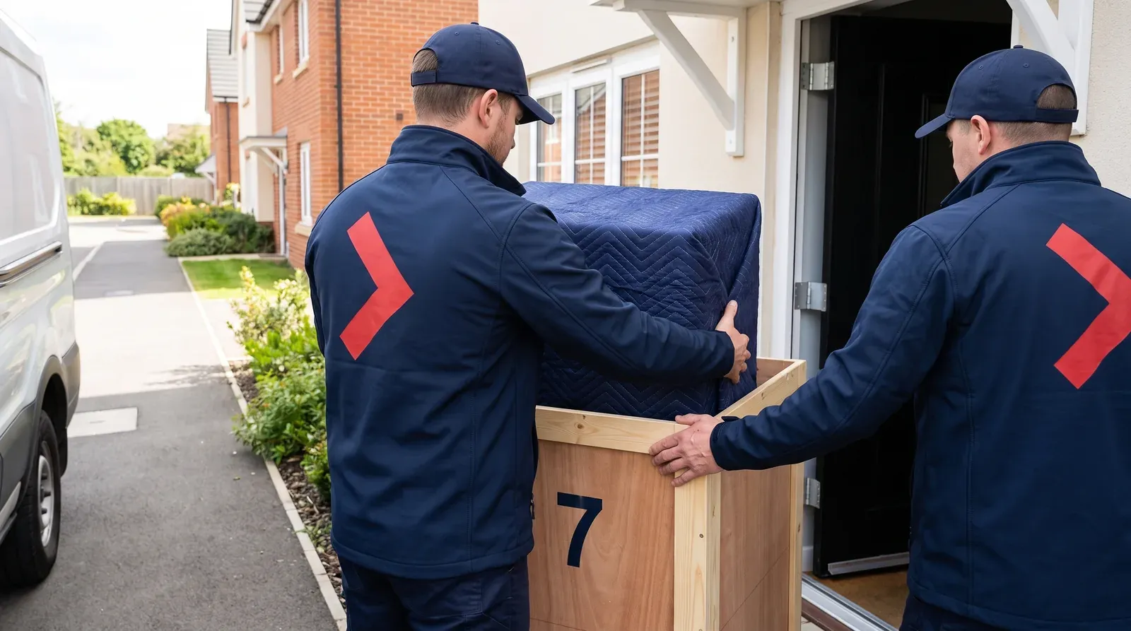 The moving crew loading goods at the front door on collection day